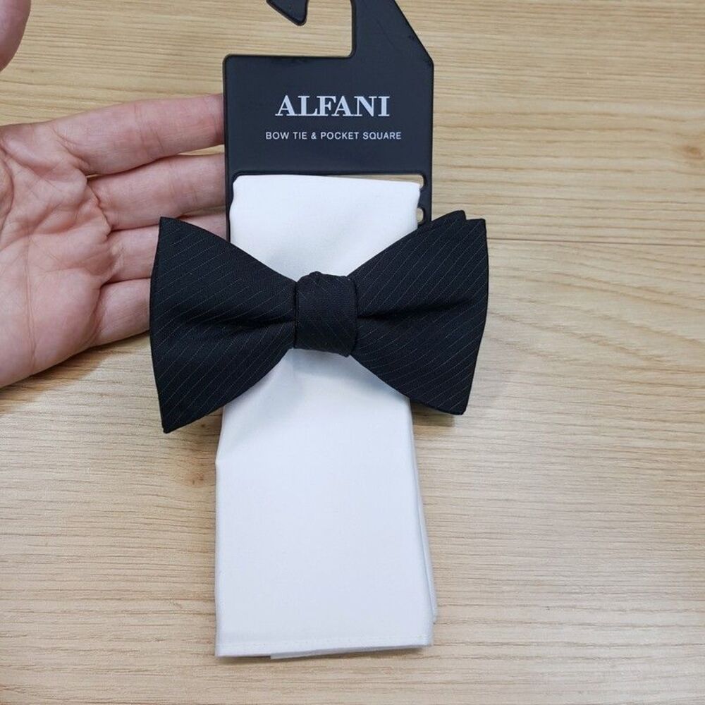 ALFANI Mens Bow Tie & Pocket Square Black White Matching Pre-tied Bowtie Set